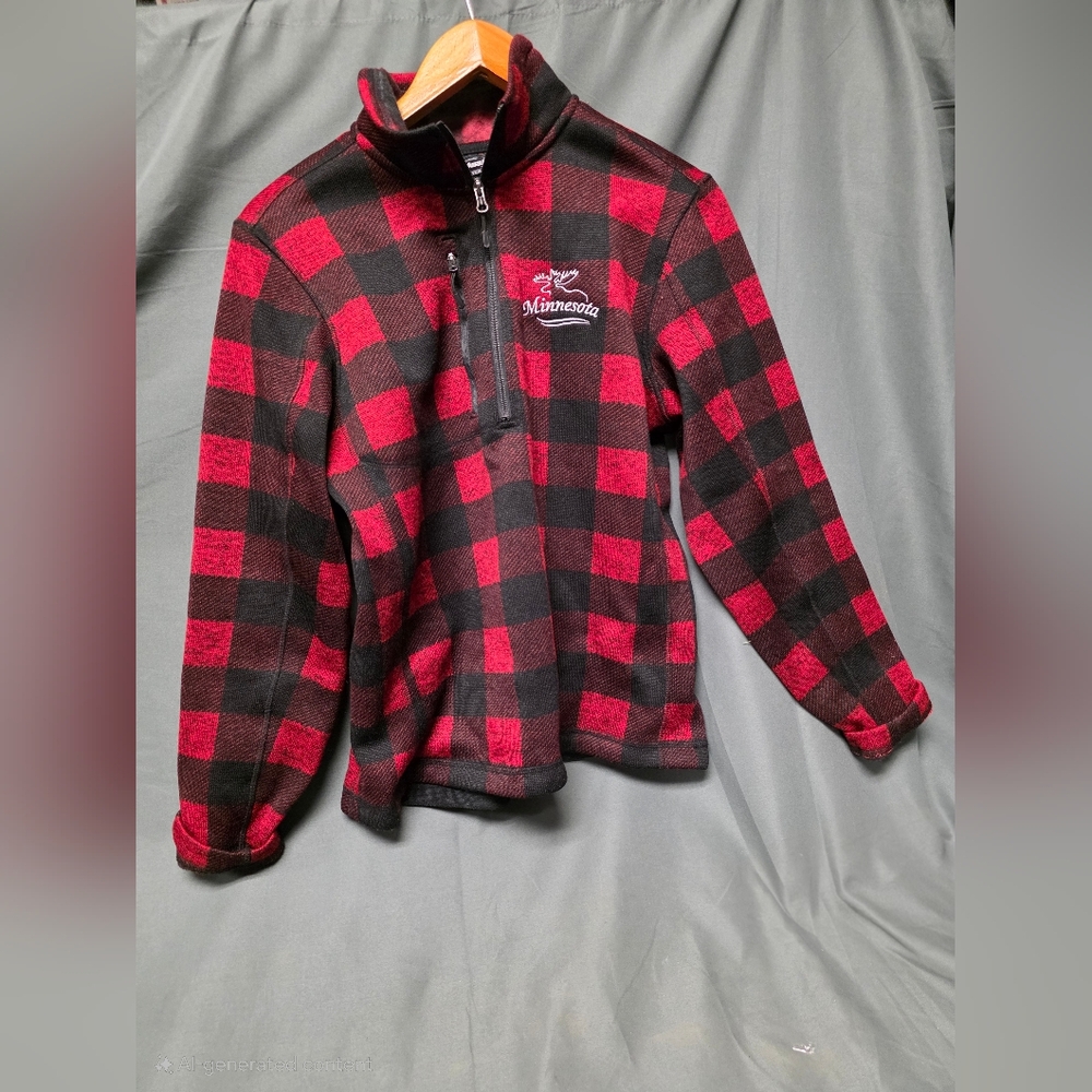 Minnesota Red and Black Checkered Men's 1/4 Zip-Up Sweater, Size Medium
